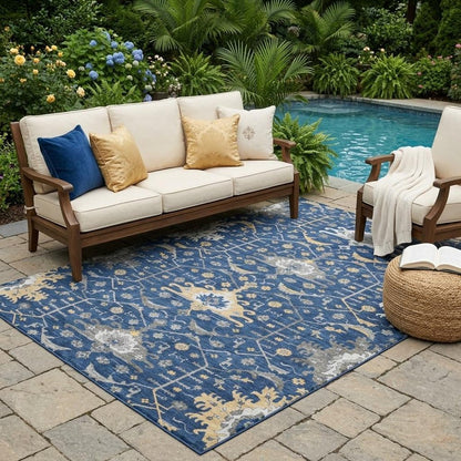 5' X 8' Navy Blue And Blue Oriental Washable Indoor Outdoor Area Rug HomeRoots