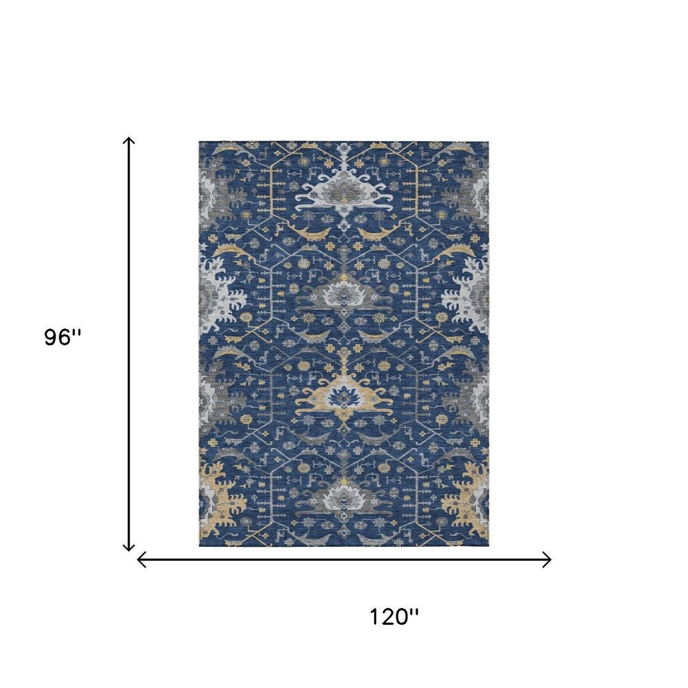 8' X 10' Navy Blue And Blue Oriental Washable Indoor Outdoor Area Rug HomeRoots