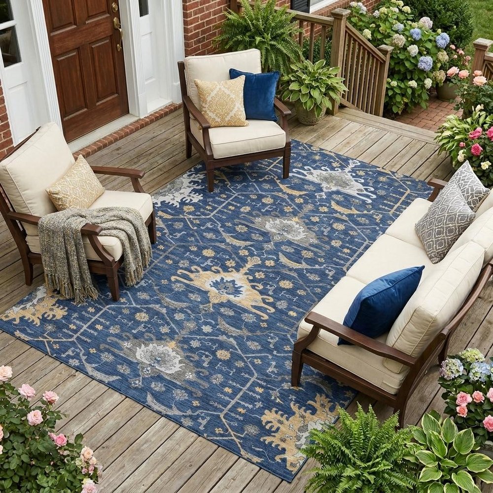 8' X 10' Navy Blue And Blue Oriental Washable Indoor Outdoor Area Rug — view 5