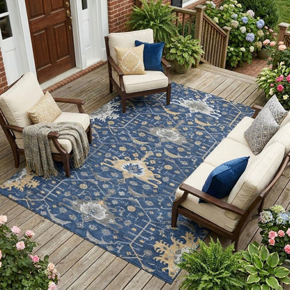 8' X 10' Navy Blue And Blue Oriental Washable Indoor Outdoor Area Rug HomeRoots