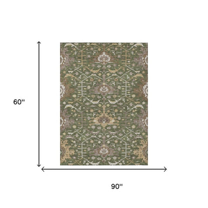 5' X 8' Olive Green And Green Oriental Washable Indoor Outdoor Area Rug