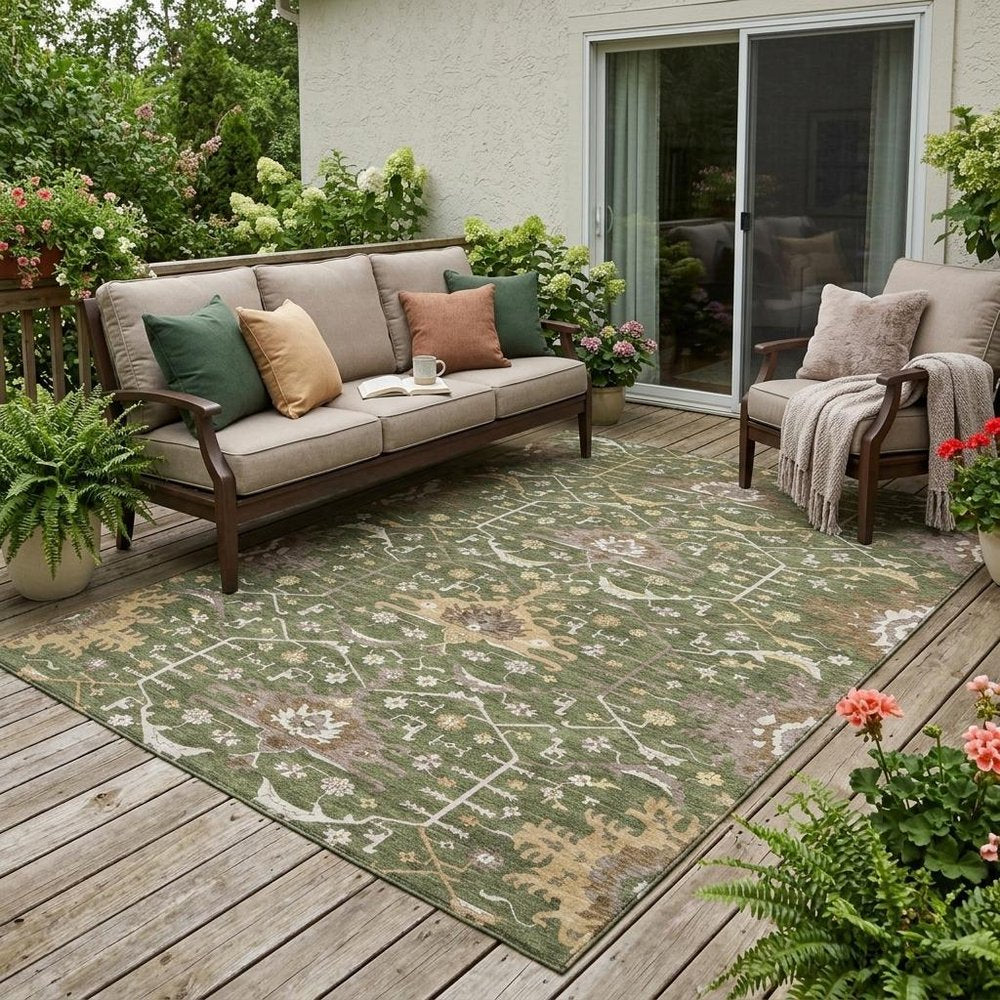 5' X 8' Olive Green And Green Oriental Washable Indoor Outdoor Area Rug — view 5