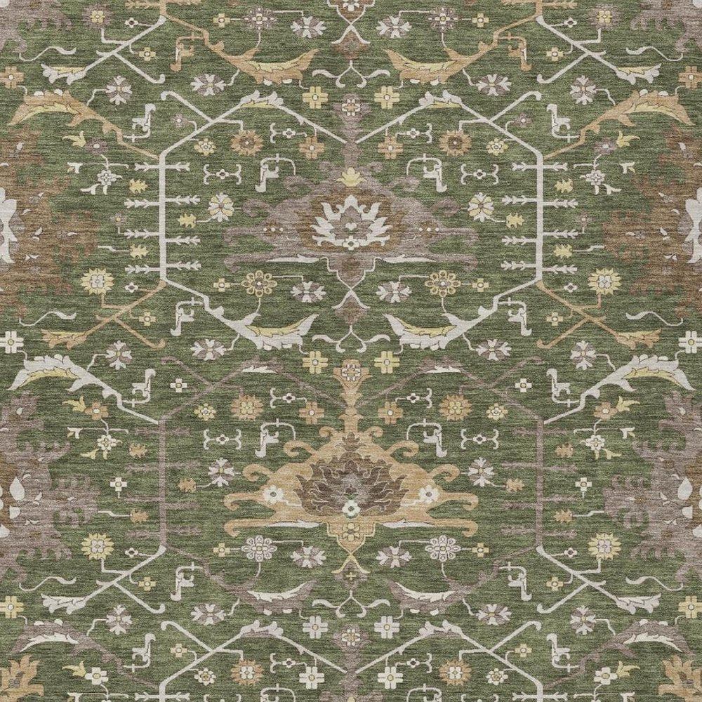 5' X 8' Olive Green And Green Oriental Washable Indoor Outdoor Area Rug
