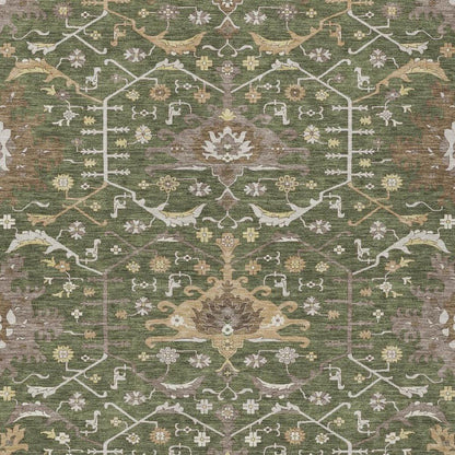 5' X 8' Olive Green And Green Oriental Washable Indoor Outdoor Area Rug