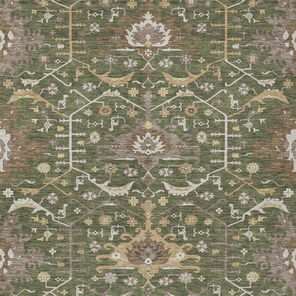 5' X 8' Olive Green And Green Oriental Washable Indoor Outdoor Area Rug