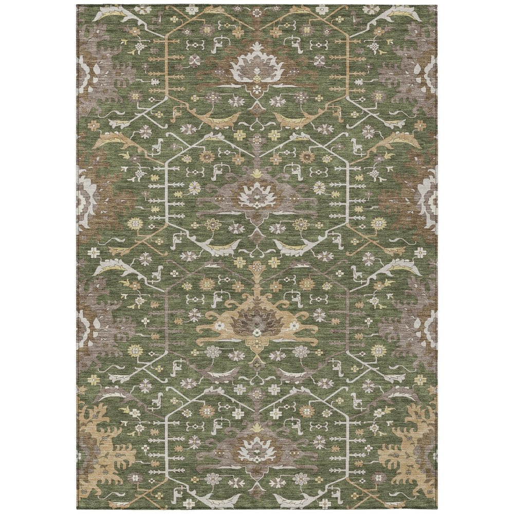 5' X 8' Olive Green And Green Oriental Washable Indoor Outdoor Area Rug HomeRoots