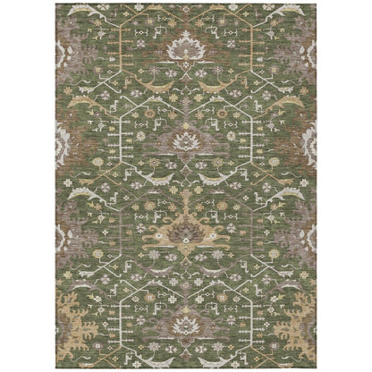 5' X 8' Olive Green And Green Oriental Washable Indoor Outdoor Area Rug HomeRoots