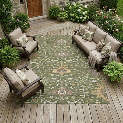 9' X 12' Olive Green And Green Oriental Washable Indoor Outdoor Area Rug