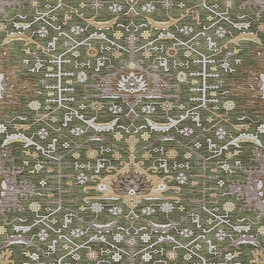 9' X 12' Olive Green And Green Oriental Washable Indoor Outdoor Area Rug