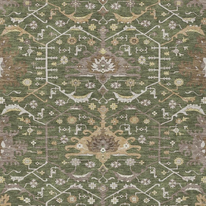 9' X 12' Olive Green And Green Oriental Washable Indoor Outdoor Area Rug