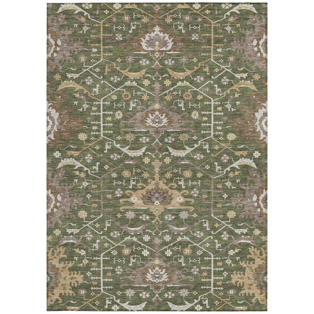 9' X 12' Olive Green And Green Oriental Washable Indoor Outdoor Area Rug