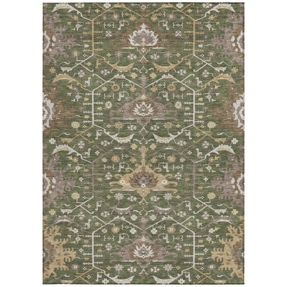 9' X 12' Olive Green And Green Oriental Washable Indoor Outdoor Area Rug
