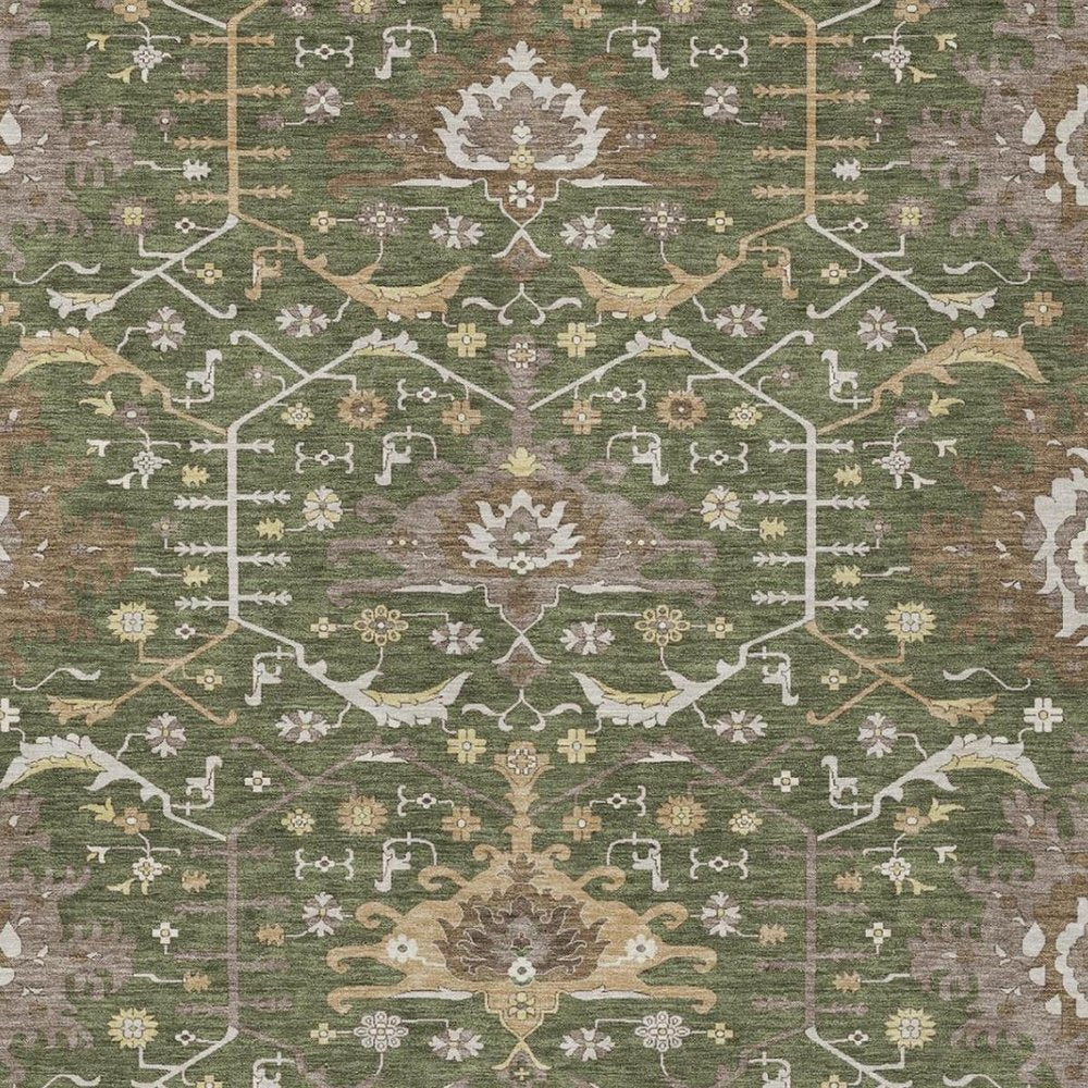 9' X 12' Olive Green And Green Oriental Washable Indoor Outdoor Area Rug