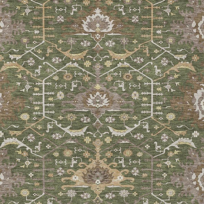 9' X 12' Olive Green And Green Oriental Washable Indoor Outdoor Area Rug