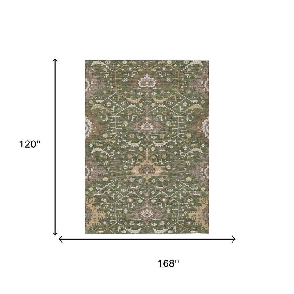 10' X 14' Olive Green And Green Oriental Washable Indoor Outdoor Area Rug HomeRoots