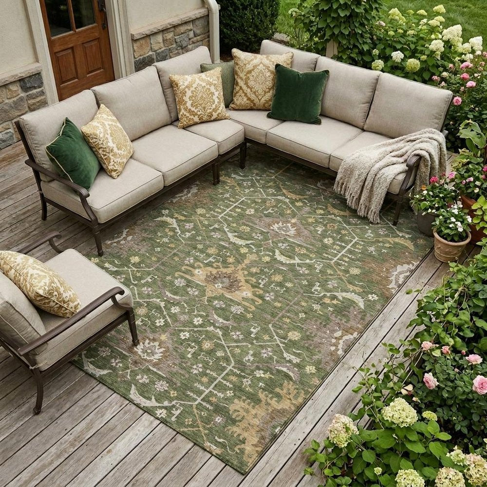 10' X 14' Olive Green And Green Oriental Washable Indoor Outdoor Area Rug — view 5