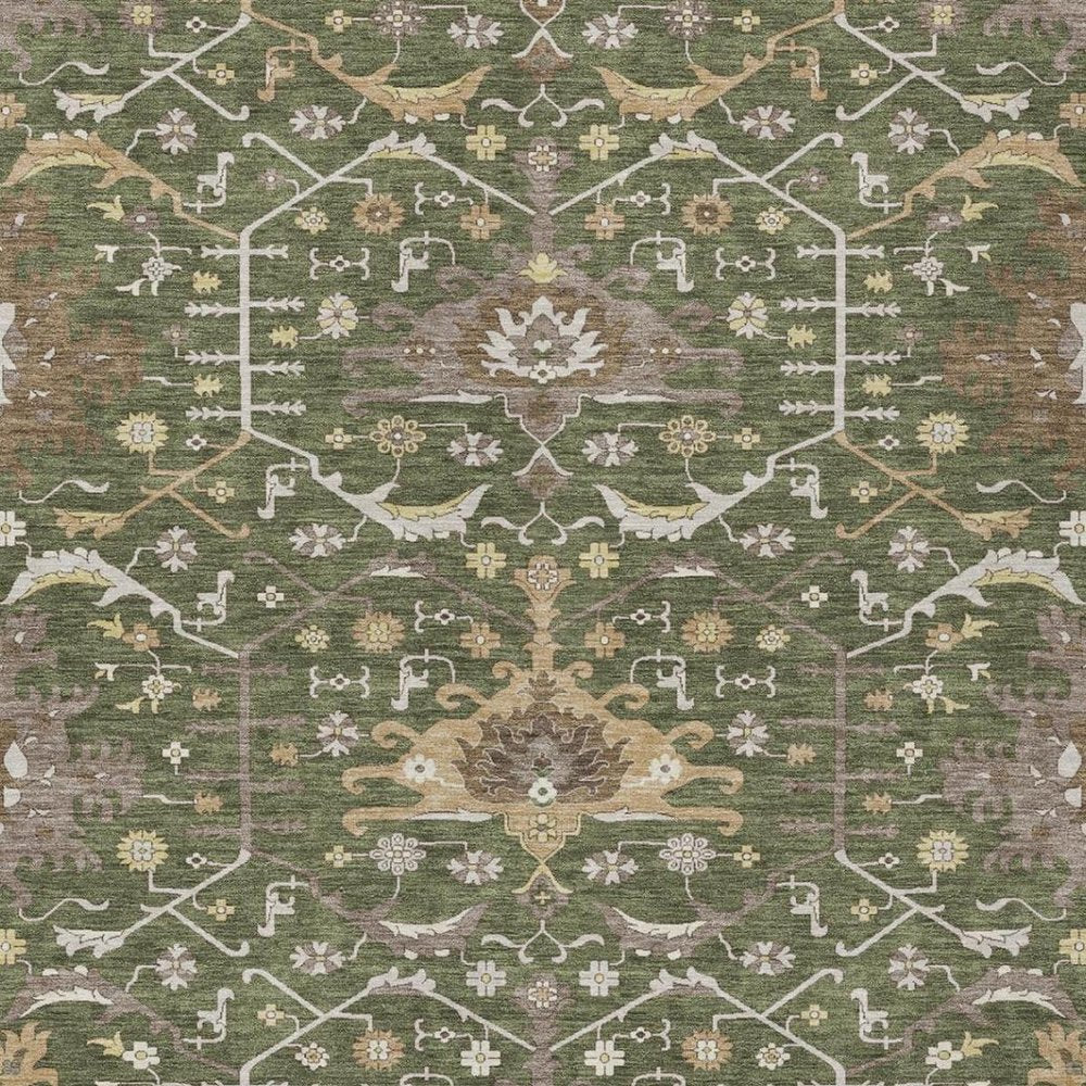 10' X 14' Olive Green And Green Oriental Washable Indoor Outdoor Area Rug — view 8