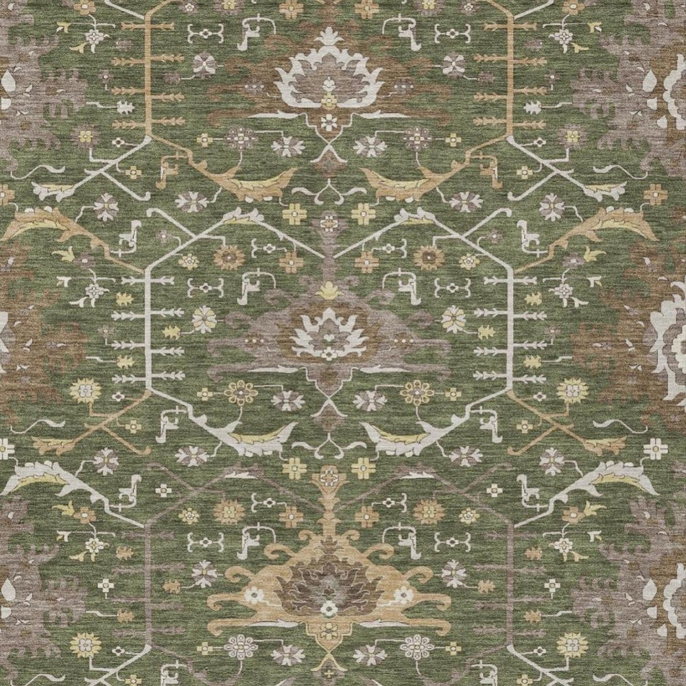 10' X 14' Olive Green And Green Oriental Washable Indoor Outdoor Area Rug — view 9