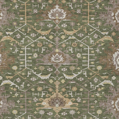 10' X 14' Olive Green And Green Oriental Washable Indoor Outdoor Area Rug