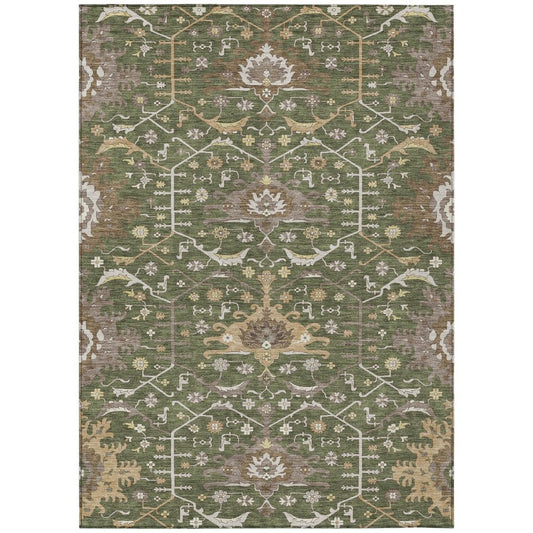 10' X 14' Olive Green And Green Oriental Washable Indoor Outdoor Area Rug
