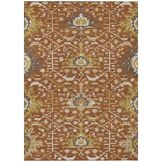 3' X 5' Orange And Brown Oriental Washable Indoor Outdoor Area Rug