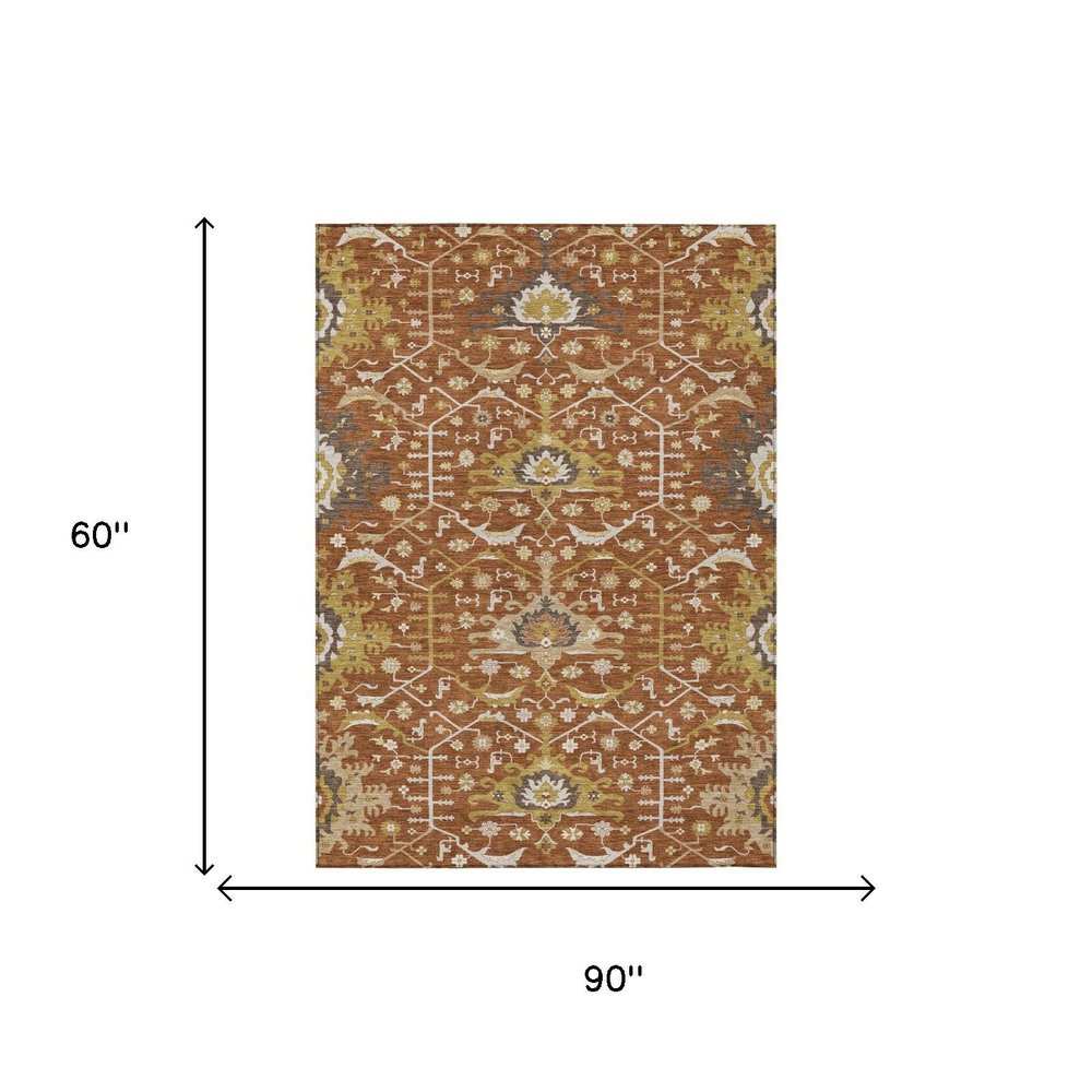 5' X 8' Orange And Brown Oriental Washable Indoor Outdoor Area Rug — view 5