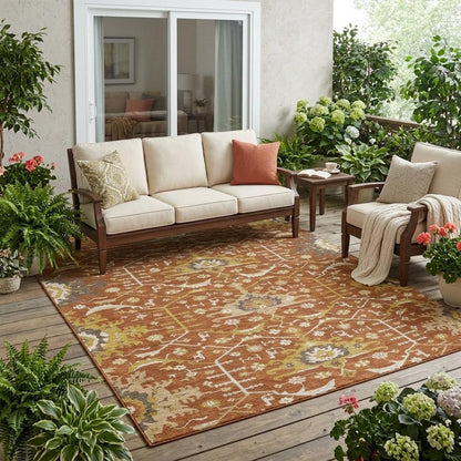 5' X 8' Orange And Brown Oriental Washable Indoor Outdoor Area Rug HomeRoots