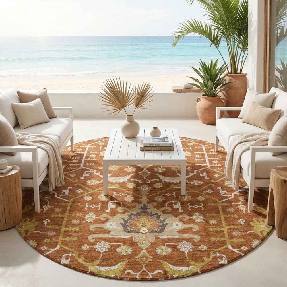 8' Orange And Brown Round Oriental Washable Indoor Outdoor Area Rug HomeRoots