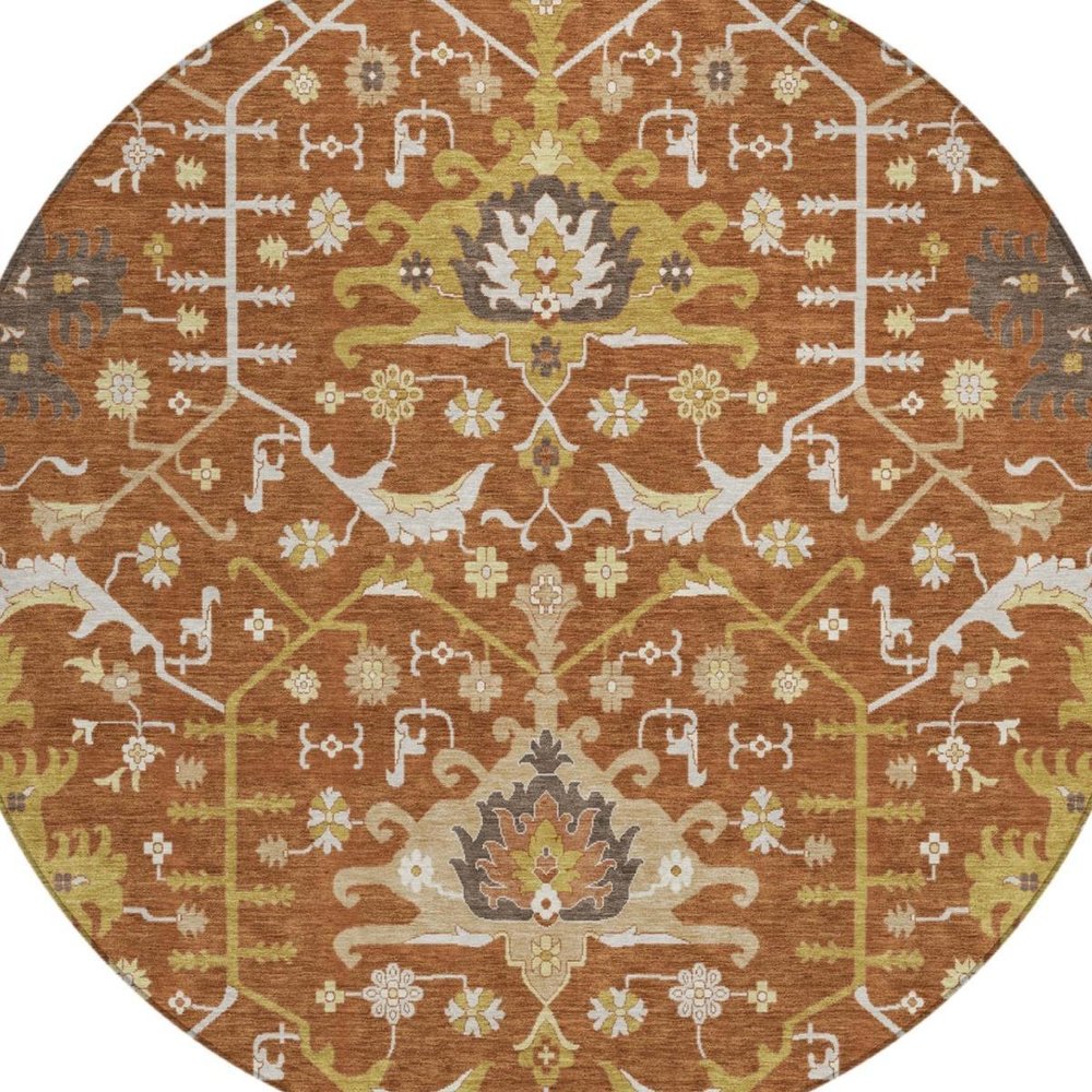 8' Orange And Brown Round Oriental Washable Indoor Outdoor Area Rug — view 7