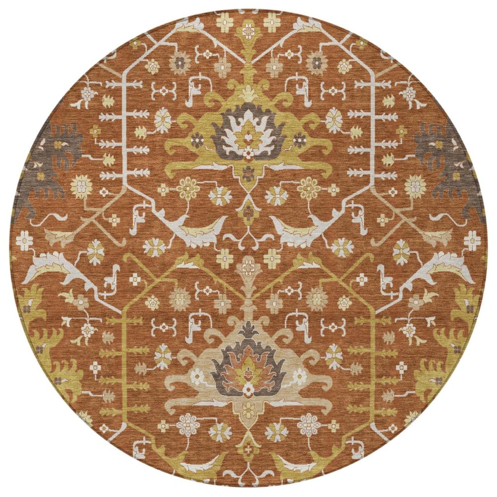 8' Orange And Brown Round Oriental Washable Indoor Outdoor Area Rug — view 8