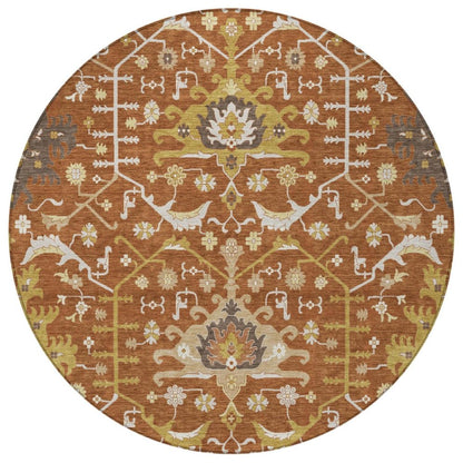 8' Orange And Brown Round Oriental Washable Indoor Outdoor Area Rug