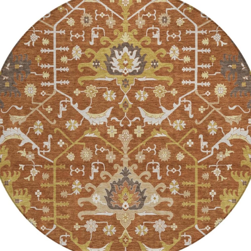 8' Orange And Brown Round Oriental Washable Indoor Outdoor Area Rug