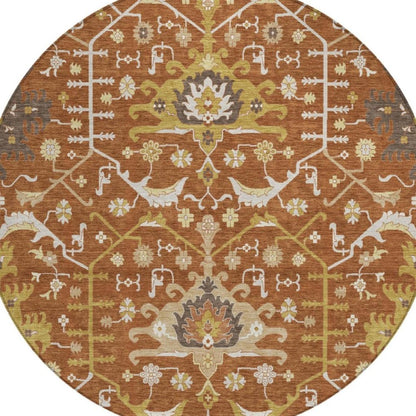 8' Orange And Brown Round Oriental Washable Indoor Outdoor Area Rug