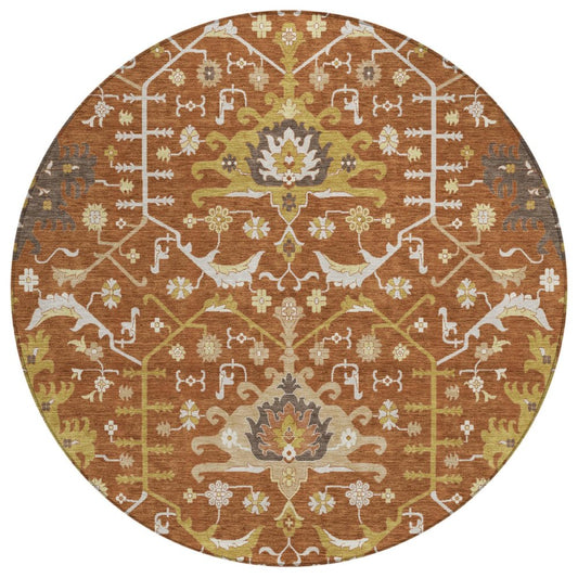 8' Orange And Brown Round Oriental Washable Indoor Outdoor Area Rug