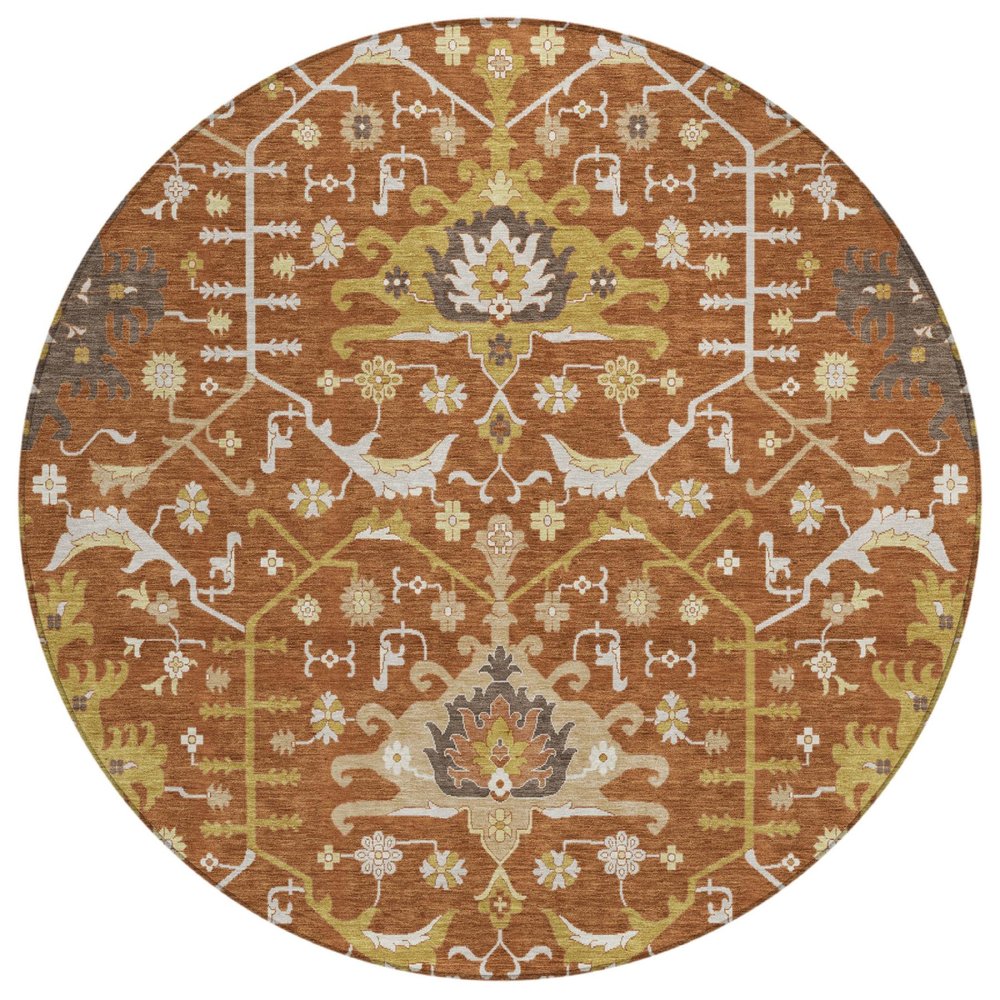 8' Orange And Brown Round Oriental Washable Indoor Outdoor Area Rug — view 1