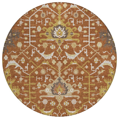 8' Orange And Brown Round Oriental Washable Indoor Outdoor Area Rug