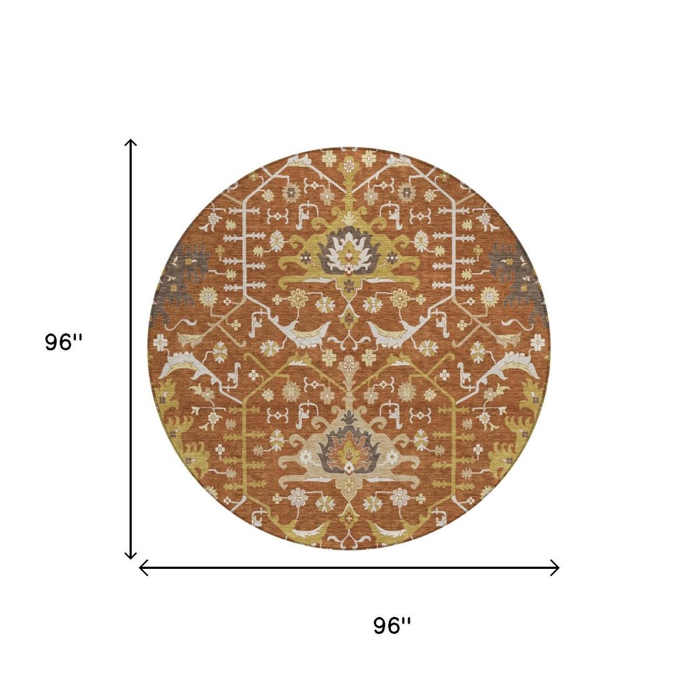 8' Orange And Brown Round Oriental Washable Indoor Outdoor Area Rug HomeRoots