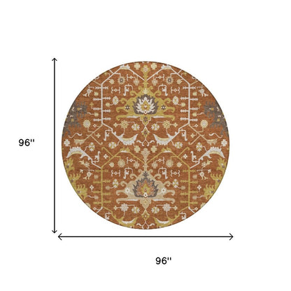 8' Orange And Brown Round Oriental Washable Indoor Outdoor Area Rug HomeRoots