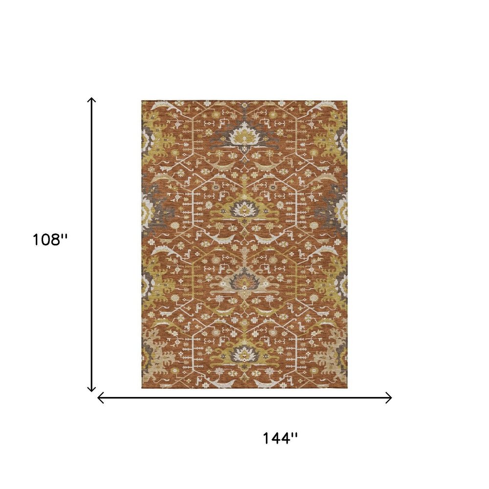 9' X 12' Orange And Brown Oriental Washable Indoor Outdoor Area Rug HomeRoots