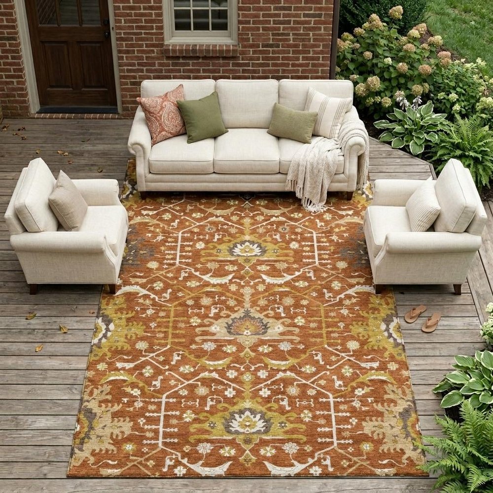 9' X 12' Orange And Brown Oriental Washable Indoor Outdoor Area Rug HomeRoots