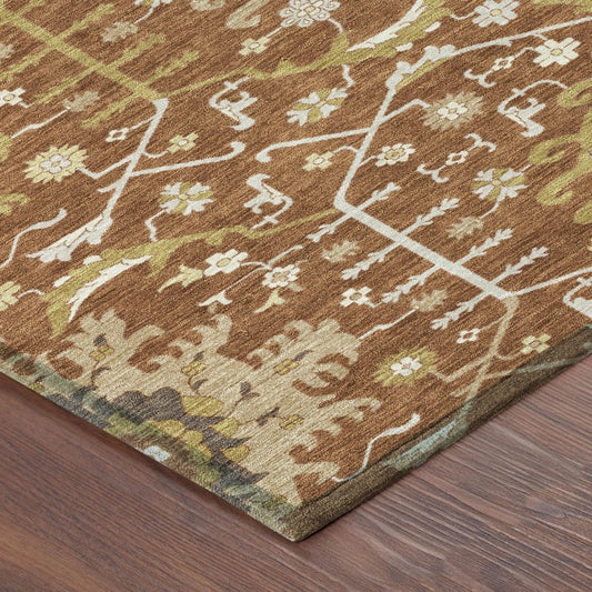 9' X 12' Orange And Brown Oriental Washable Indoor Outdoor Area Rug