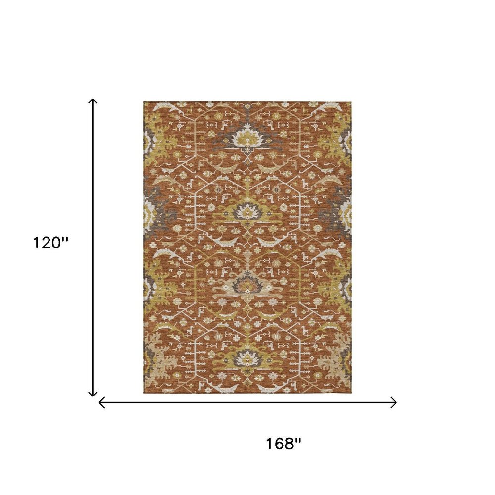 10' X 14' Orange And Brown Oriental Washable Indoor Outdoor Area Rug HomeRoots