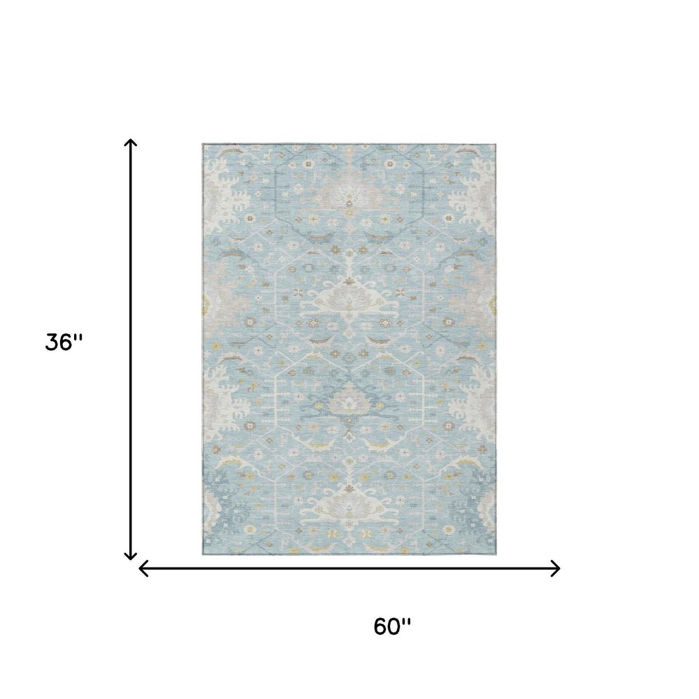 3' X 5' Sky Blue And Blue Oriental Washable Indoor Outdoor Area Rug — view 4