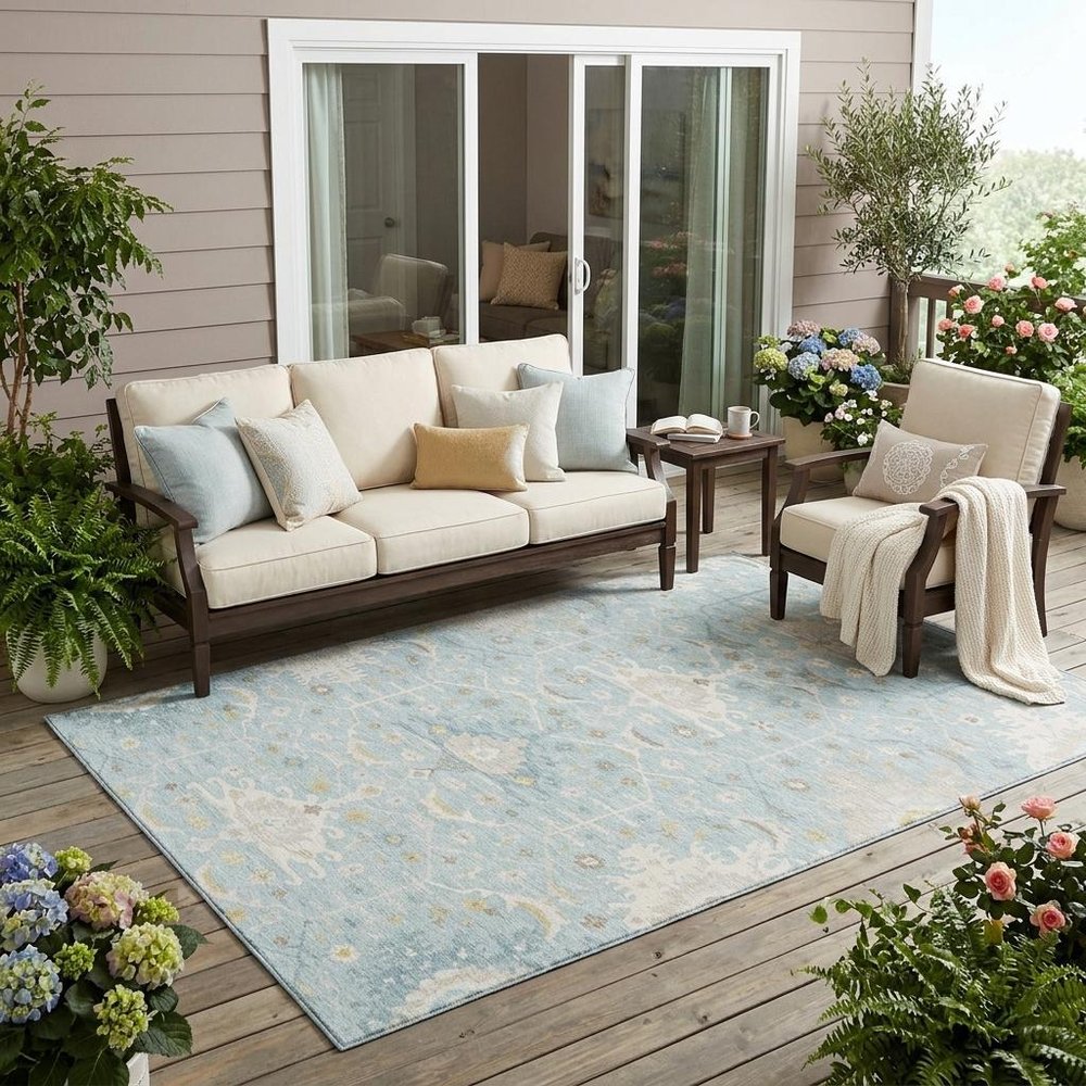 5' X 8' Sky Blue And Blue Oriental Washable Indoor Outdoor Area Rug — view 5