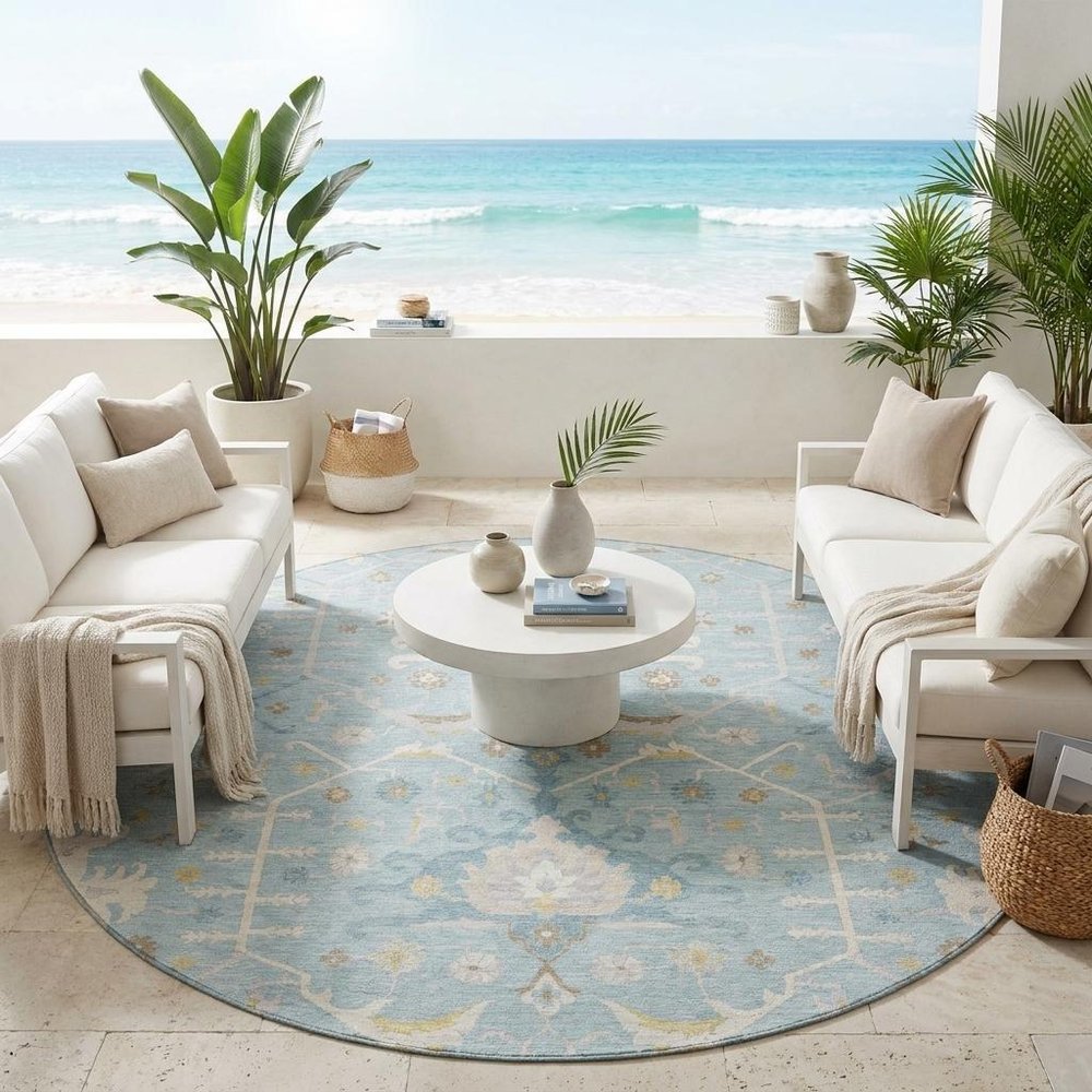 8' Sky Blue And Blue Round Oriental Washable Indoor Outdoor Area Rug — view 6