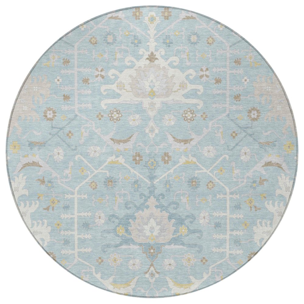 8' Sky Blue And Blue Round Oriental Washable Indoor Outdoor Area Rug — view 7