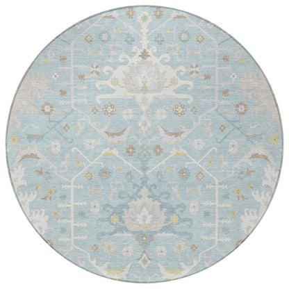 8' Sky Blue And Blue Round Oriental Washable Indoor Outdoor Area Rug