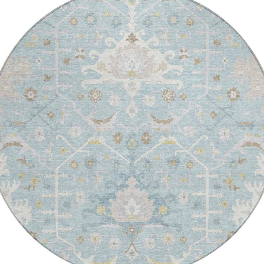 8' Sky Blue And Blue Round Oriental Washable Indoor Outdoor Area Rug — view 8