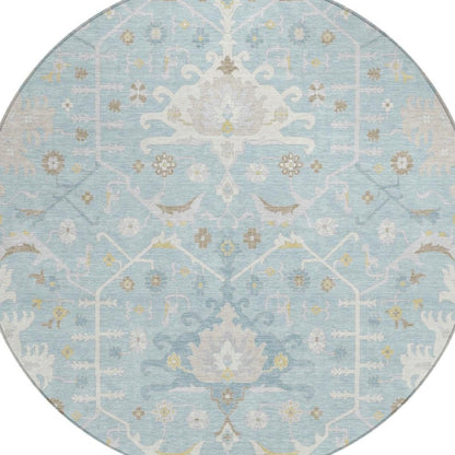 8' Sky Blue And Blue Round Oriental Washable Indoor Outdoor Area Rug