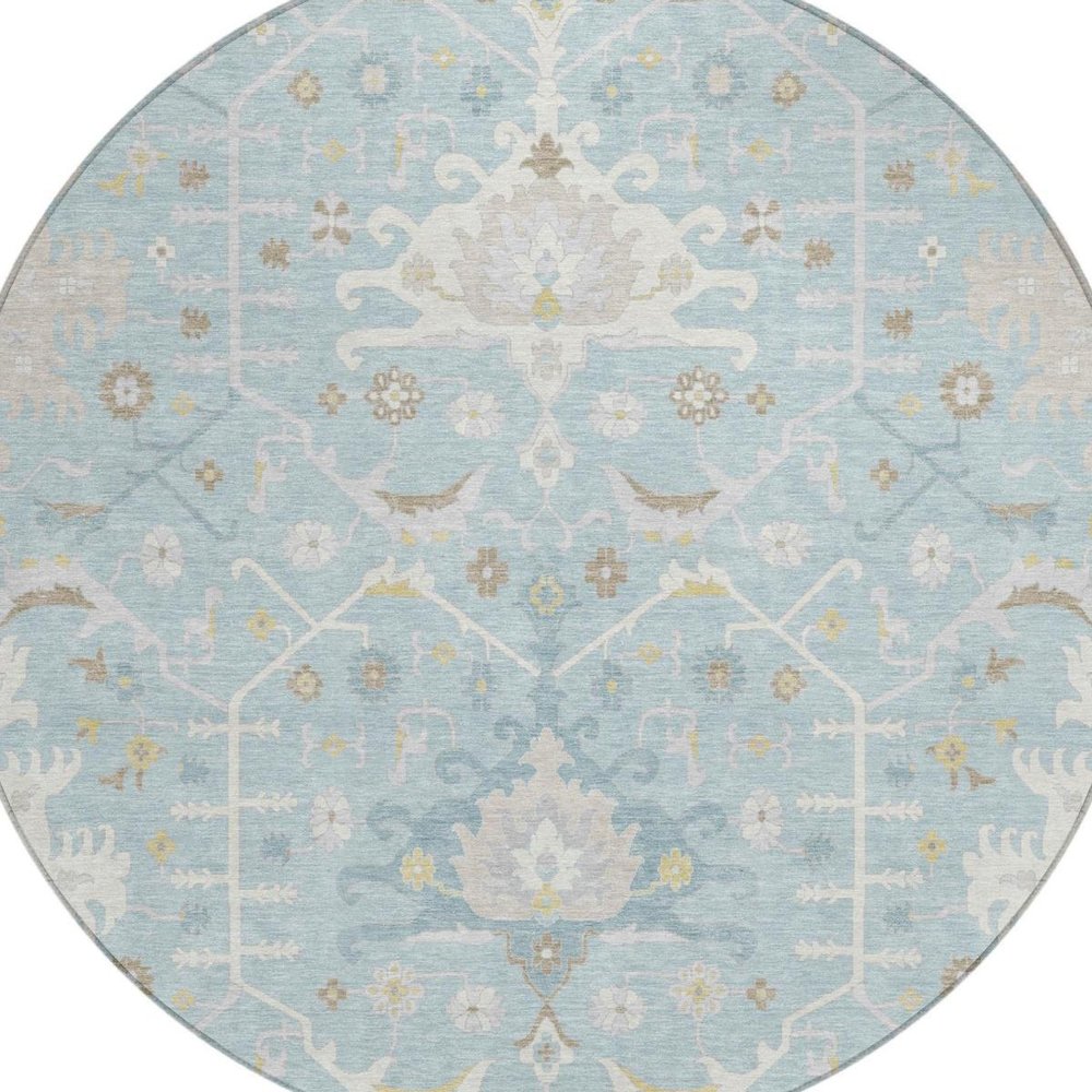 8' Sky Blue And Blue Round Oriental Washable Indoor Outdoor Area Rug